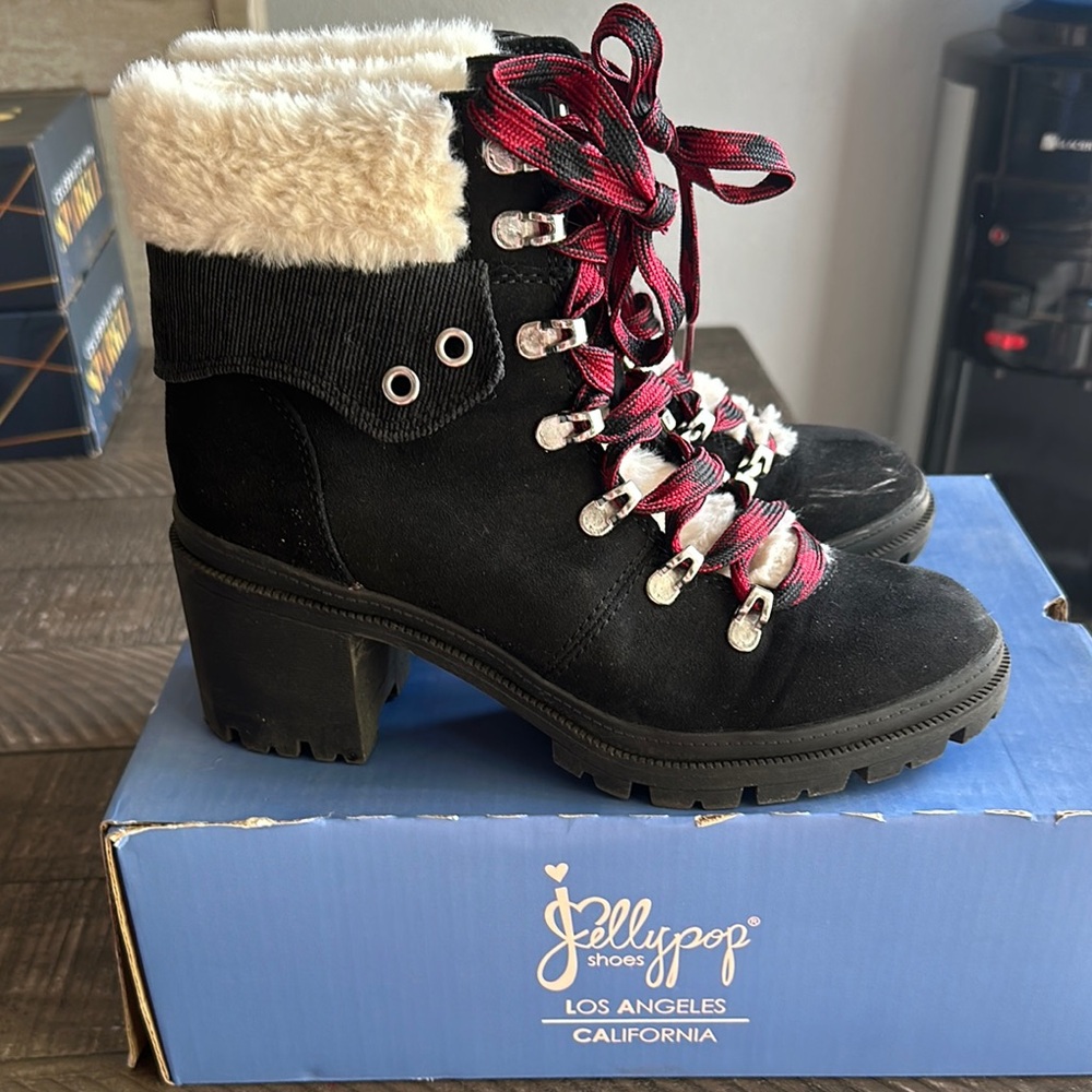 Jellypop Black Winter Boots with Chunky Heel and Red Laces